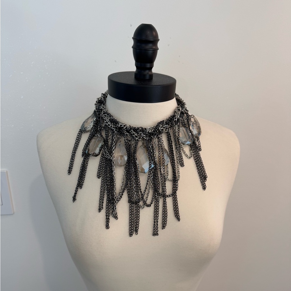 Chain & Crystal Statement Bib Necklace - Pewter, Silver & Smoky Tones